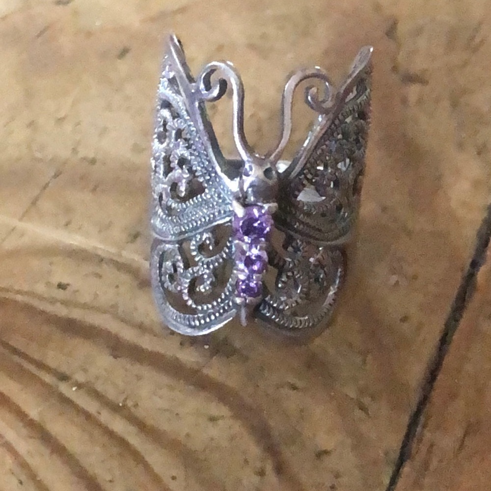 Sterling silver and amethyst butterfly ring Size 5